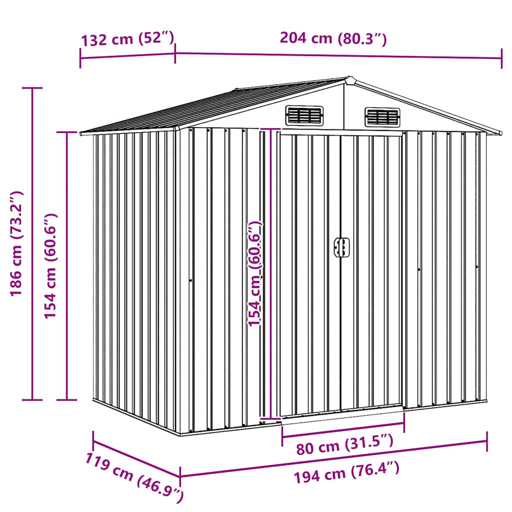 Garden Storage Shed Grey Metal 204x132x186 cm