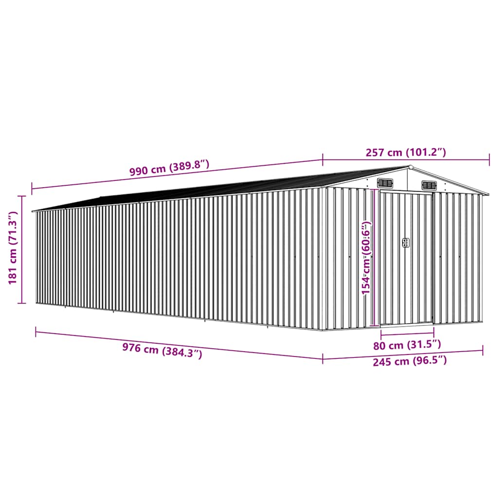 Garden Shed Grey 257x990x181 cm Galvanised steel
