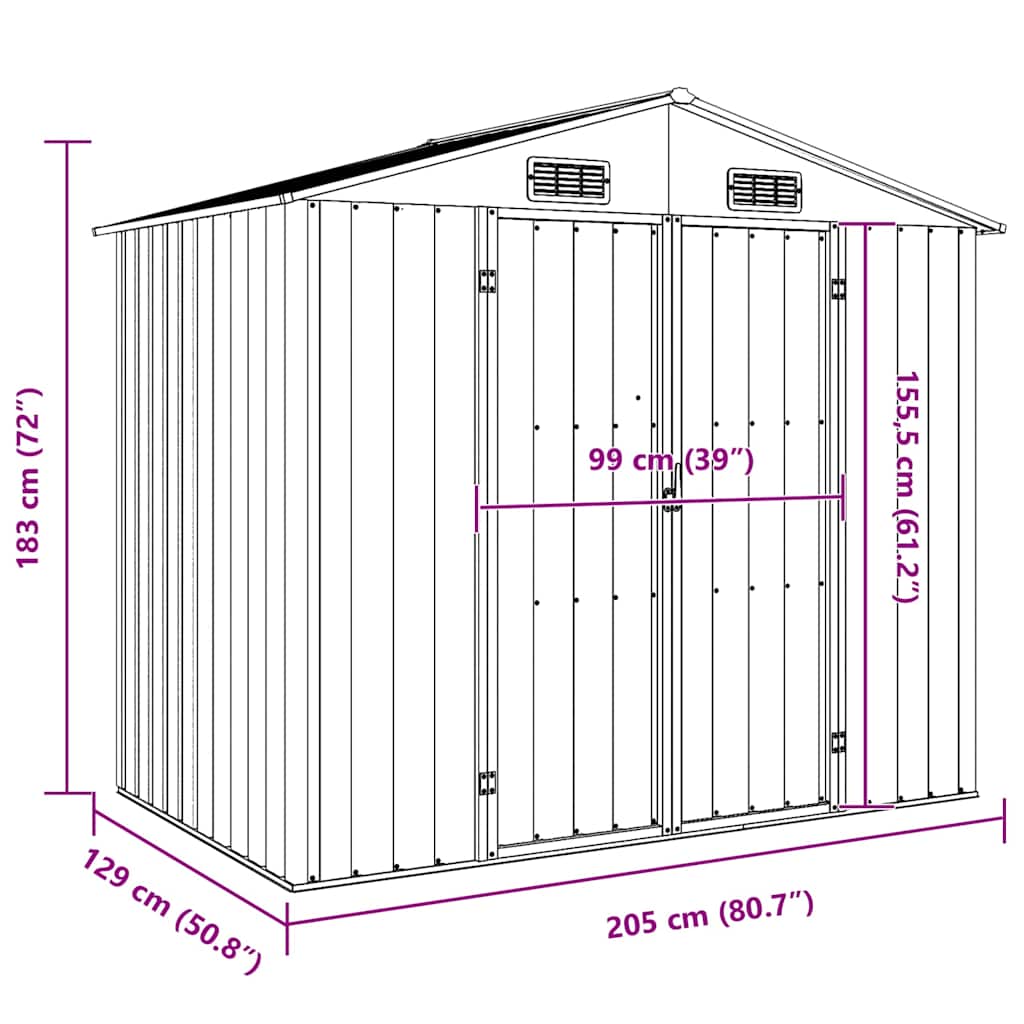 Garden Shed Brown 205x129x183 cm Galvanised Steel