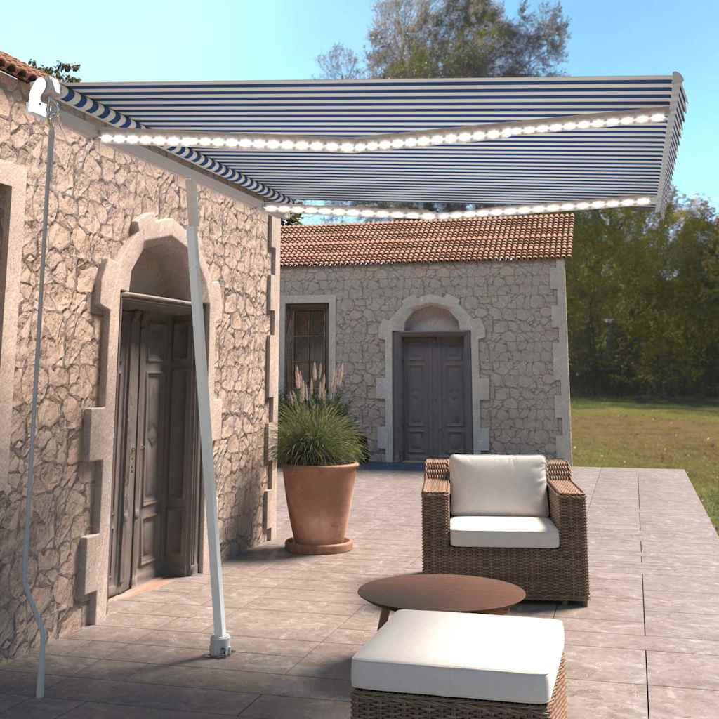 Manual Retractable Awning with LED 300x250 cm Blue and White