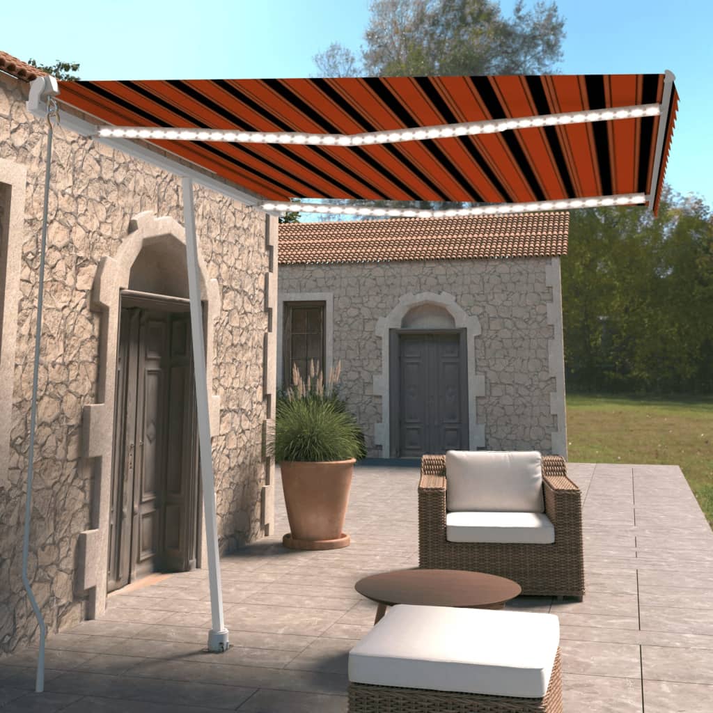 Manual Retractable Awning with LED 300x250 cm Orange and Brown