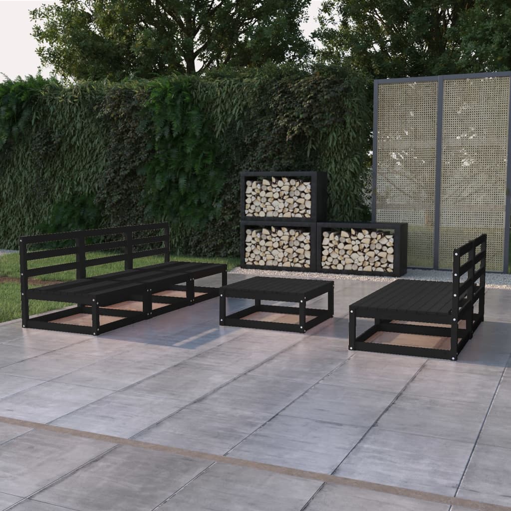 6 Piece Garden Lounge Set Black Solid Pinewood