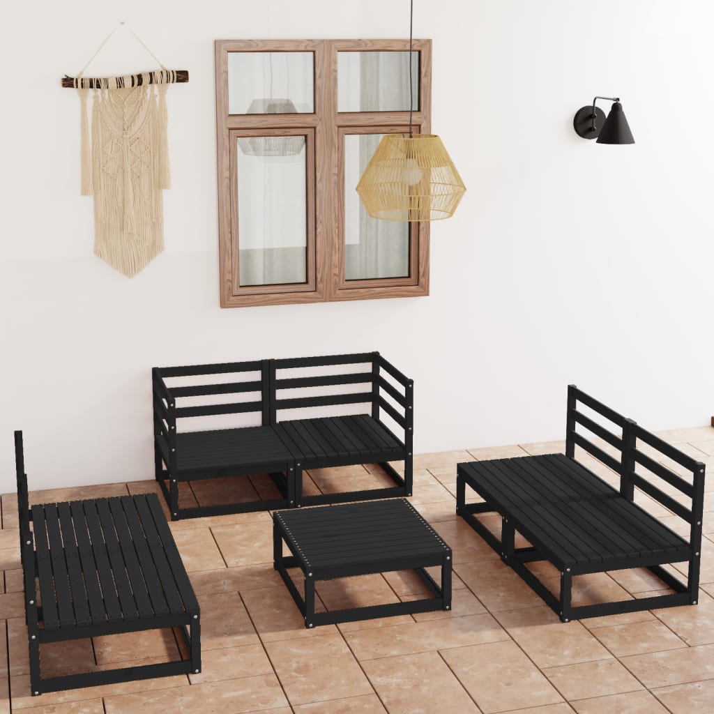 7 Piece Garden Lounge Set Black Solid Pinewood