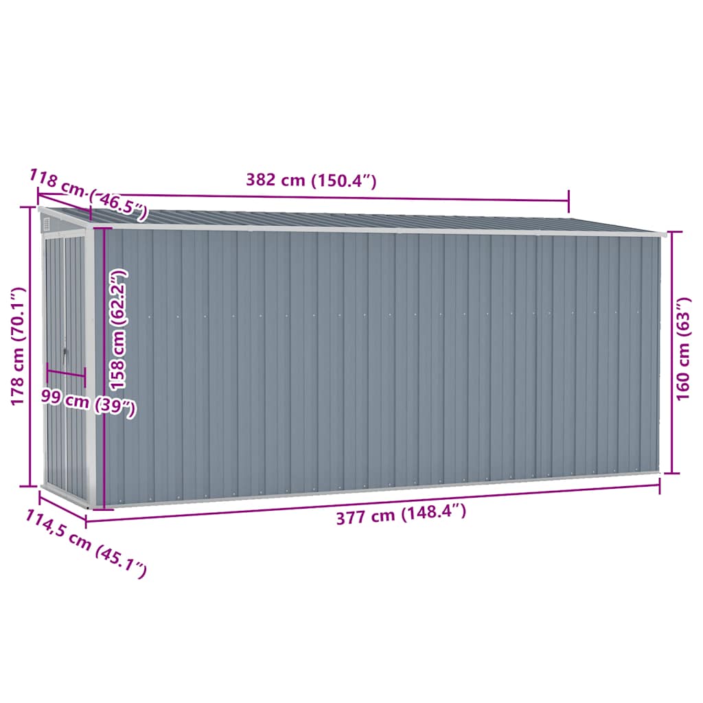 Wall-mounted Garden Shed Grey 118x382x178 cm Galvanised Steel