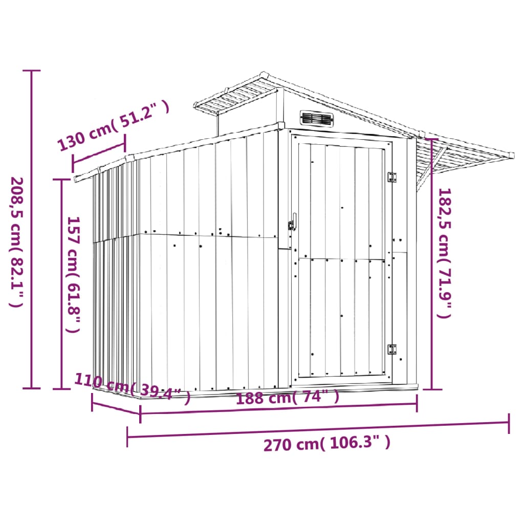 vidaXL Garden Shed Brown 270x130x208.5 cm Galvanised Steel