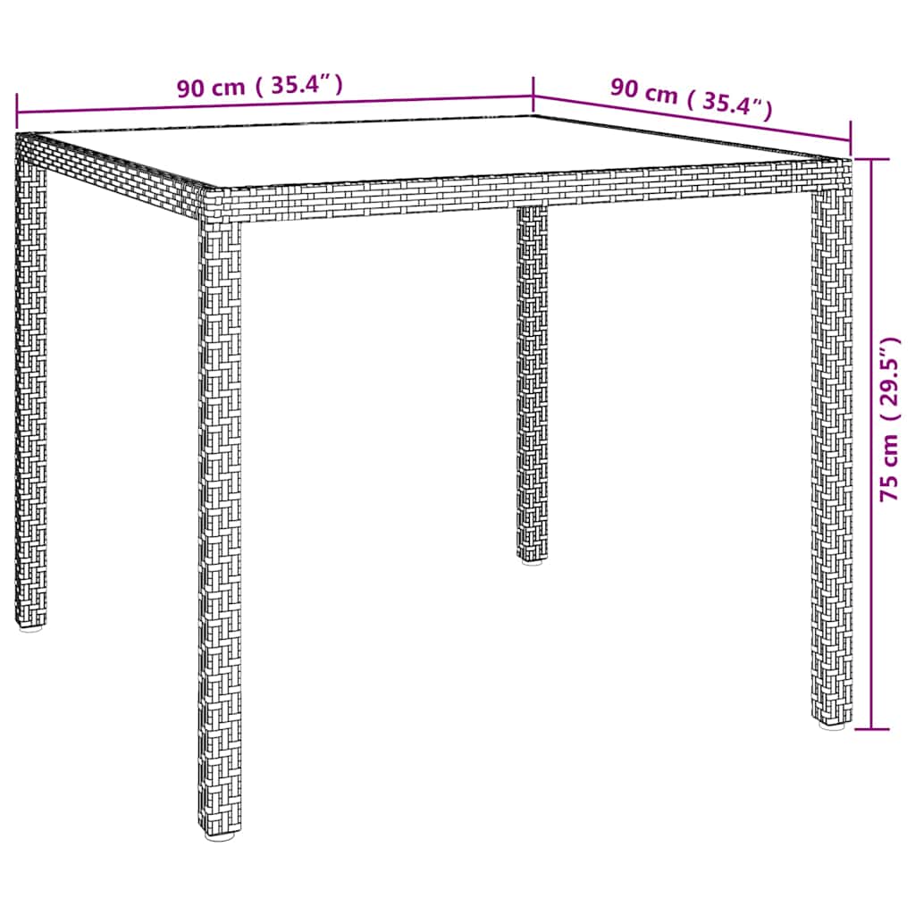 Garden Table 90x90x75 cm Tempered Glass and Poly Rattan Grey
