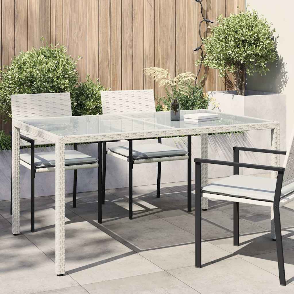 Garden Table 150x90x75 cm Tempered Glass and Poly Rattan White