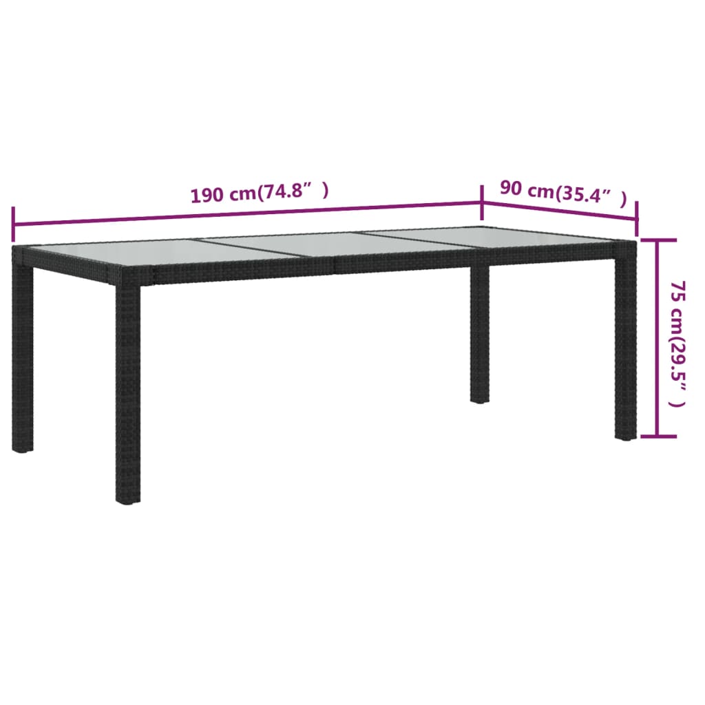 Garden Table Black 190x90x75 cm Tempered Glass and Poly Rattan