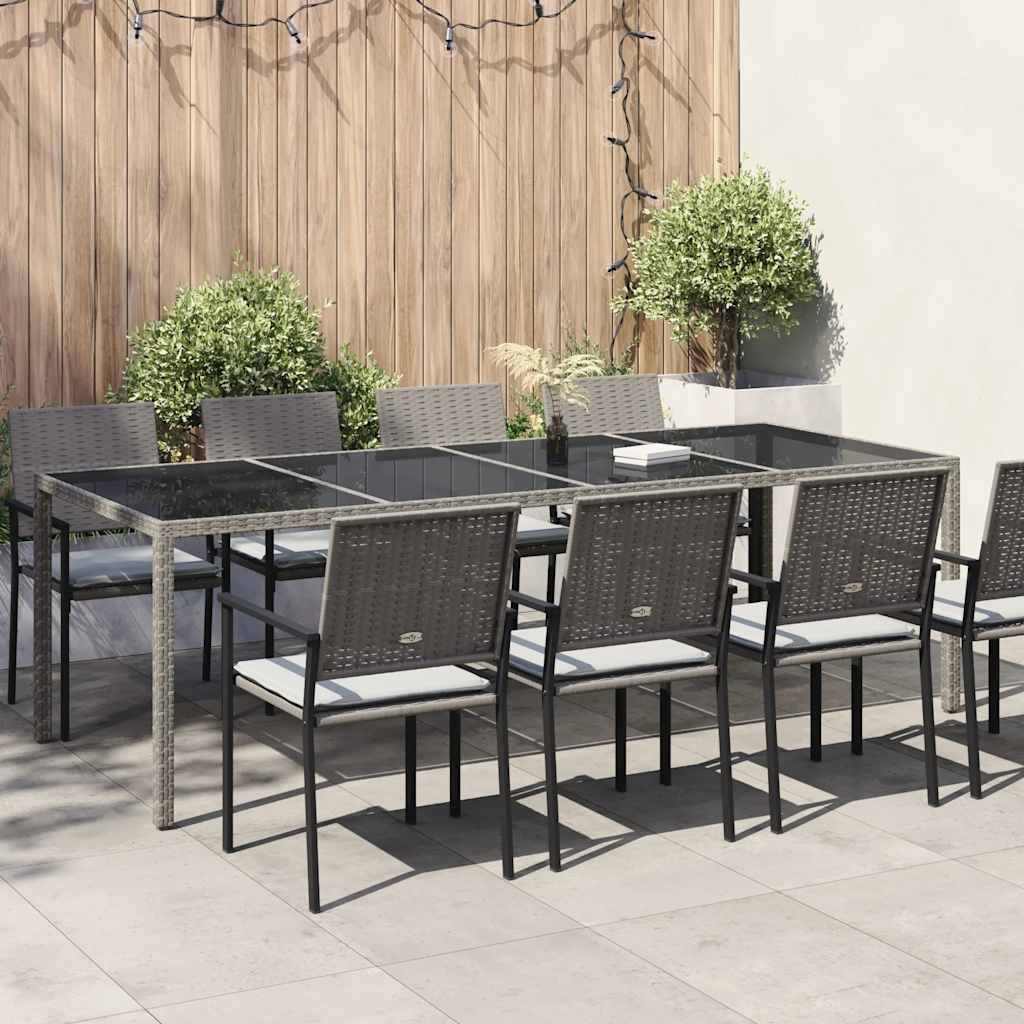 Garden Table Grey 250x100x75 cm Tempered Glass and Poly Rattan