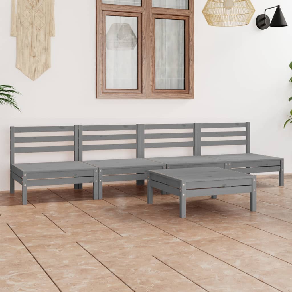 5 Piece Garden Lounge Set Grey Solid Pinewood