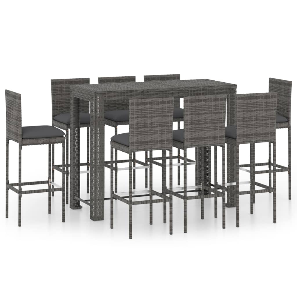 9 Piece Garden Bar Set with Cushions Poly Rattan Grey
