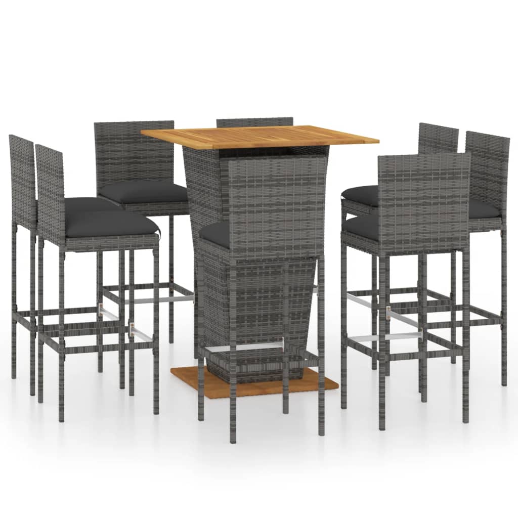9 Piece Garden Bar Set with Cushions Poly Rattan Grey