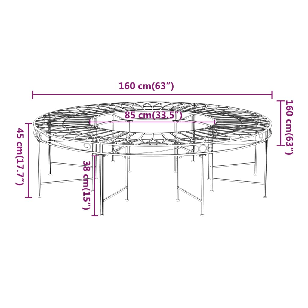 vidaXL Round Tree Bench Ø160 cm Black Steel