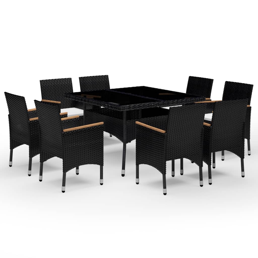 9 Piece Garden Dining Set Poly Rattan and Tempered Glass Black