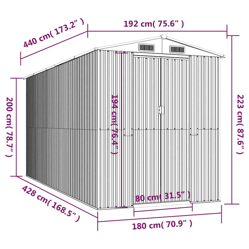 Garden Shed Light Grey 192x440x223 cm Galvanised Steel