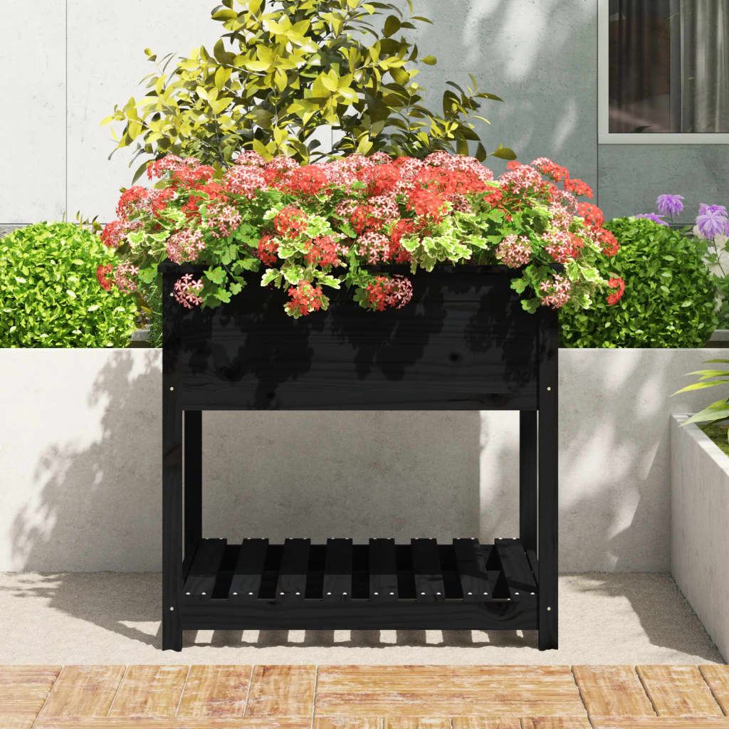 Planter with Shelf Black 82.5x82.5x81 cm Solid Wood Pine