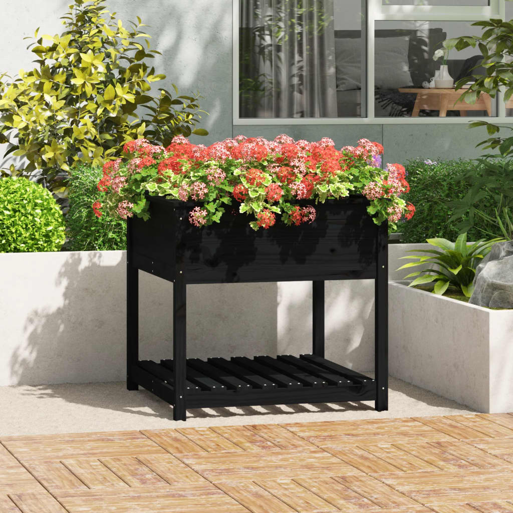 Planter with Shelf Black 82.5x82.5x81 cm Solid Wood Pine
