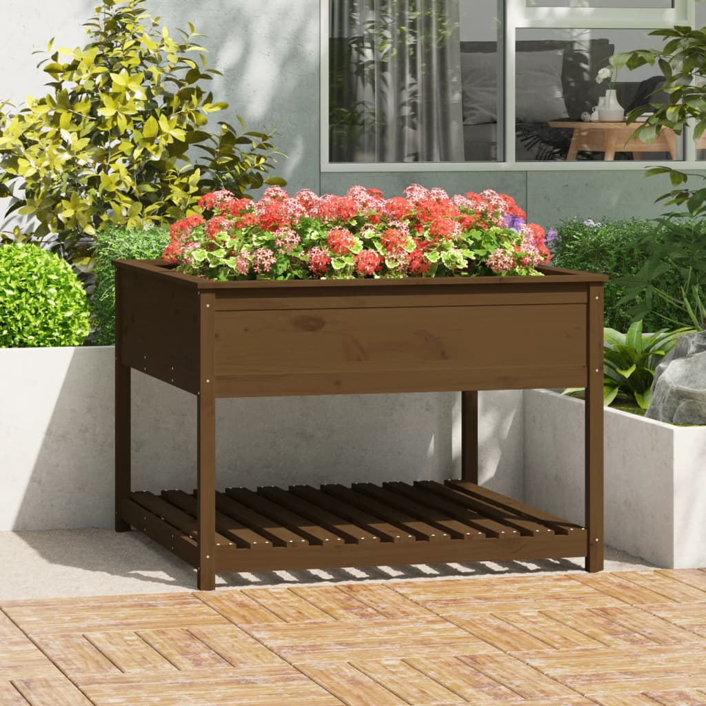 Planter with Shelf Honey Brown 111.5x111.5x81 cm Solid Wood Pine
