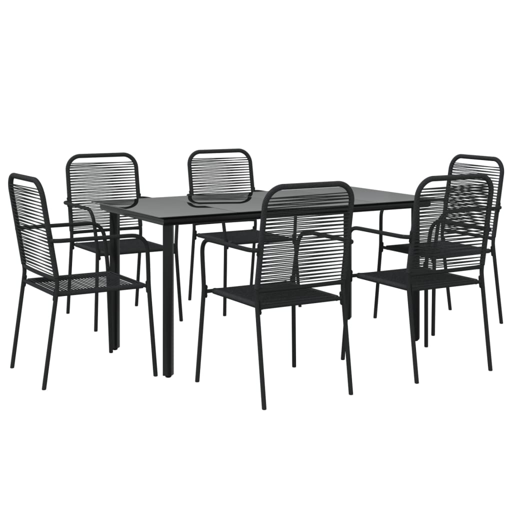 7 Piece Garden Dining Set Black Cotton Rope and Steel