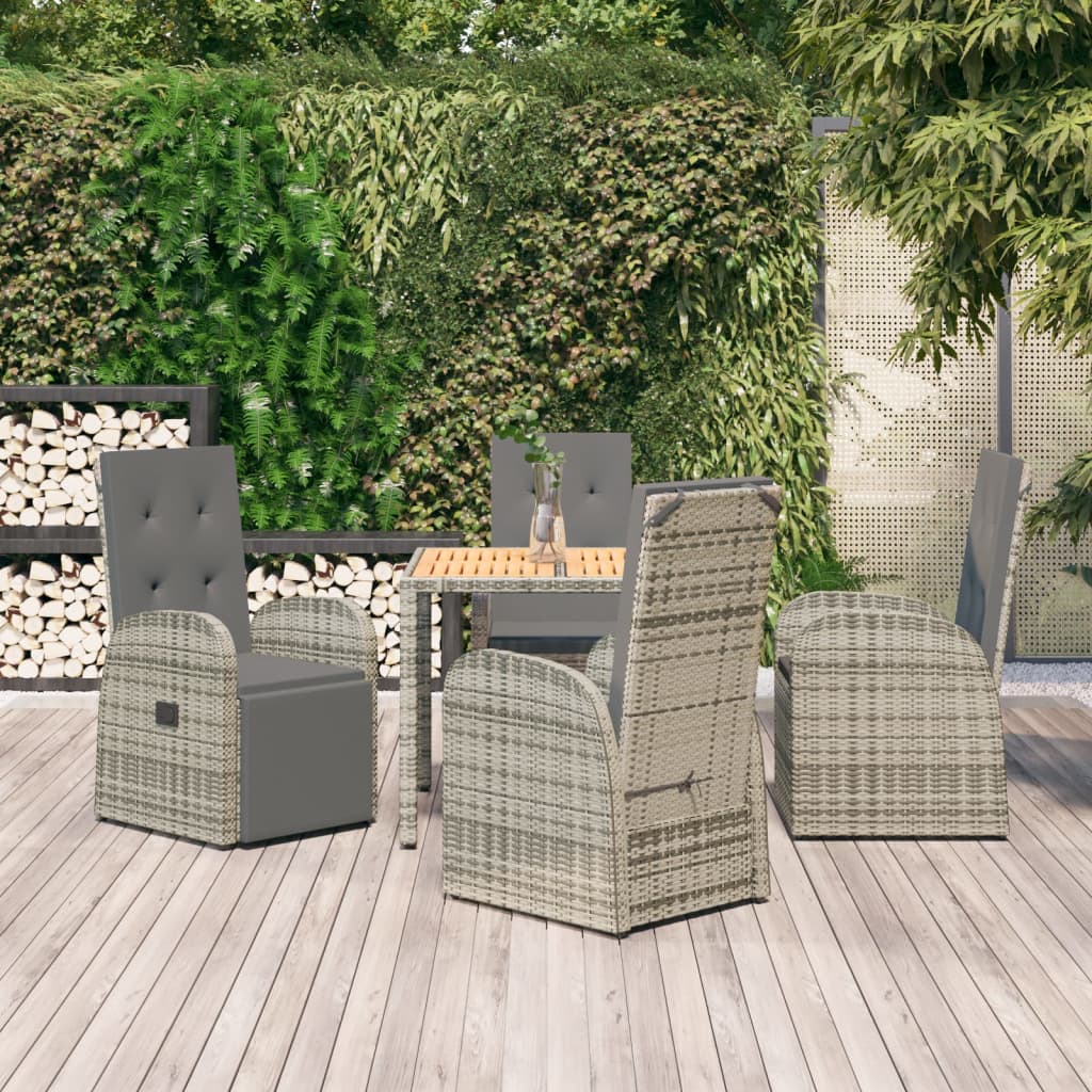 5 Piece Garden Dining Set Grey Poly Rattan&Solid Wood Acacia