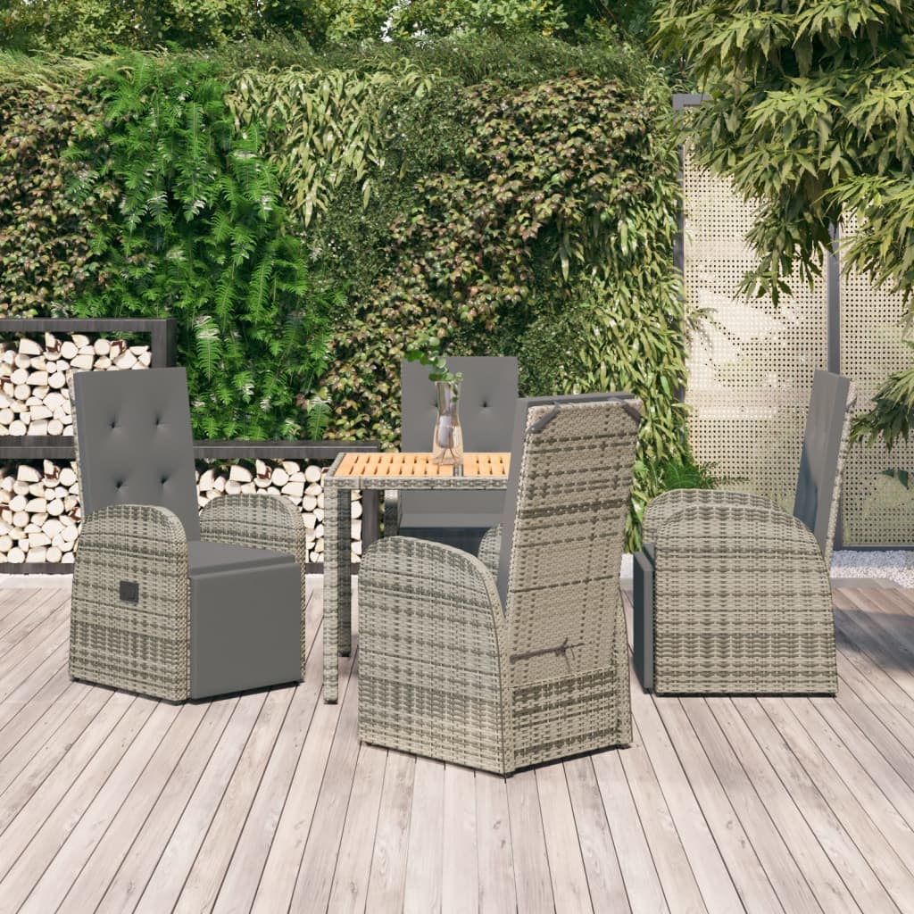 5 Piece Garden Dining Set Grey Poly Rattan&Solid Wood Acacia