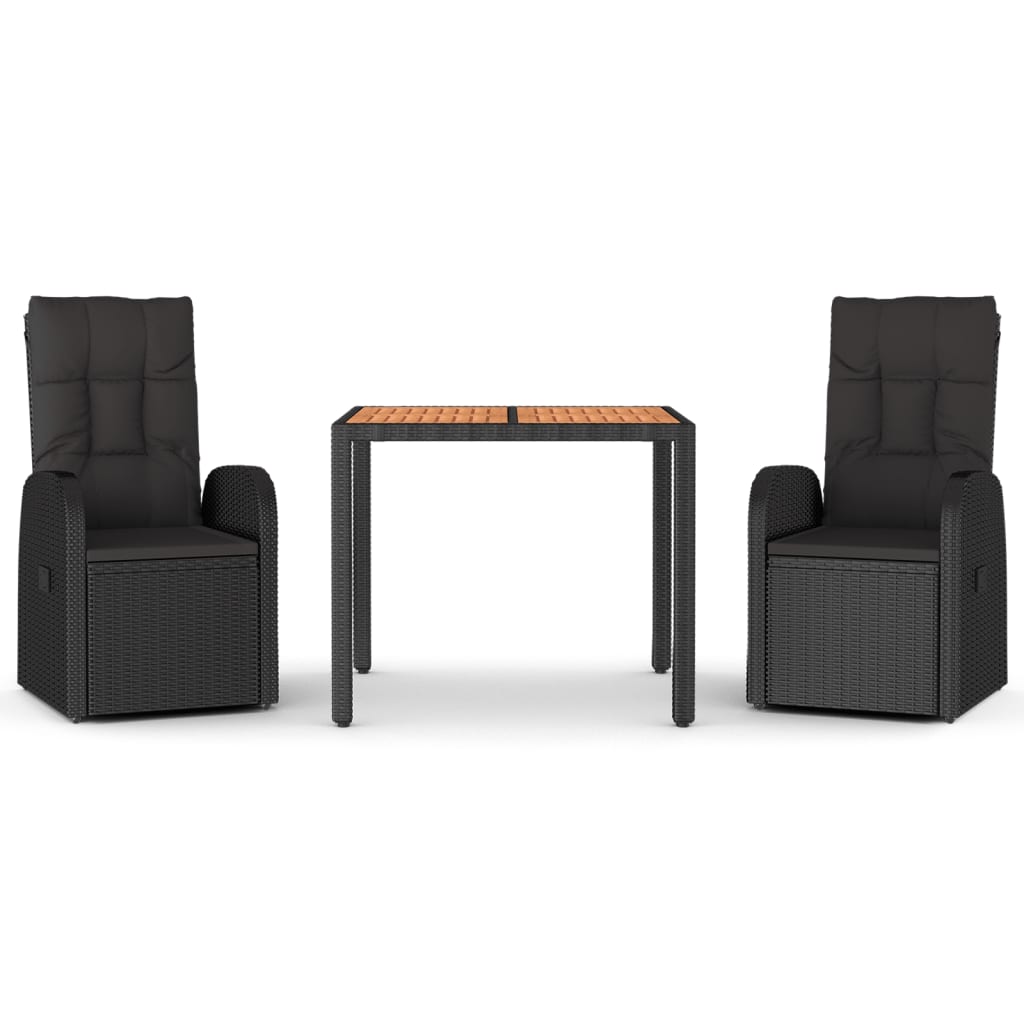 3 Piece Garden Dining Set Black Poly Rattan&Solid Wood Acacia