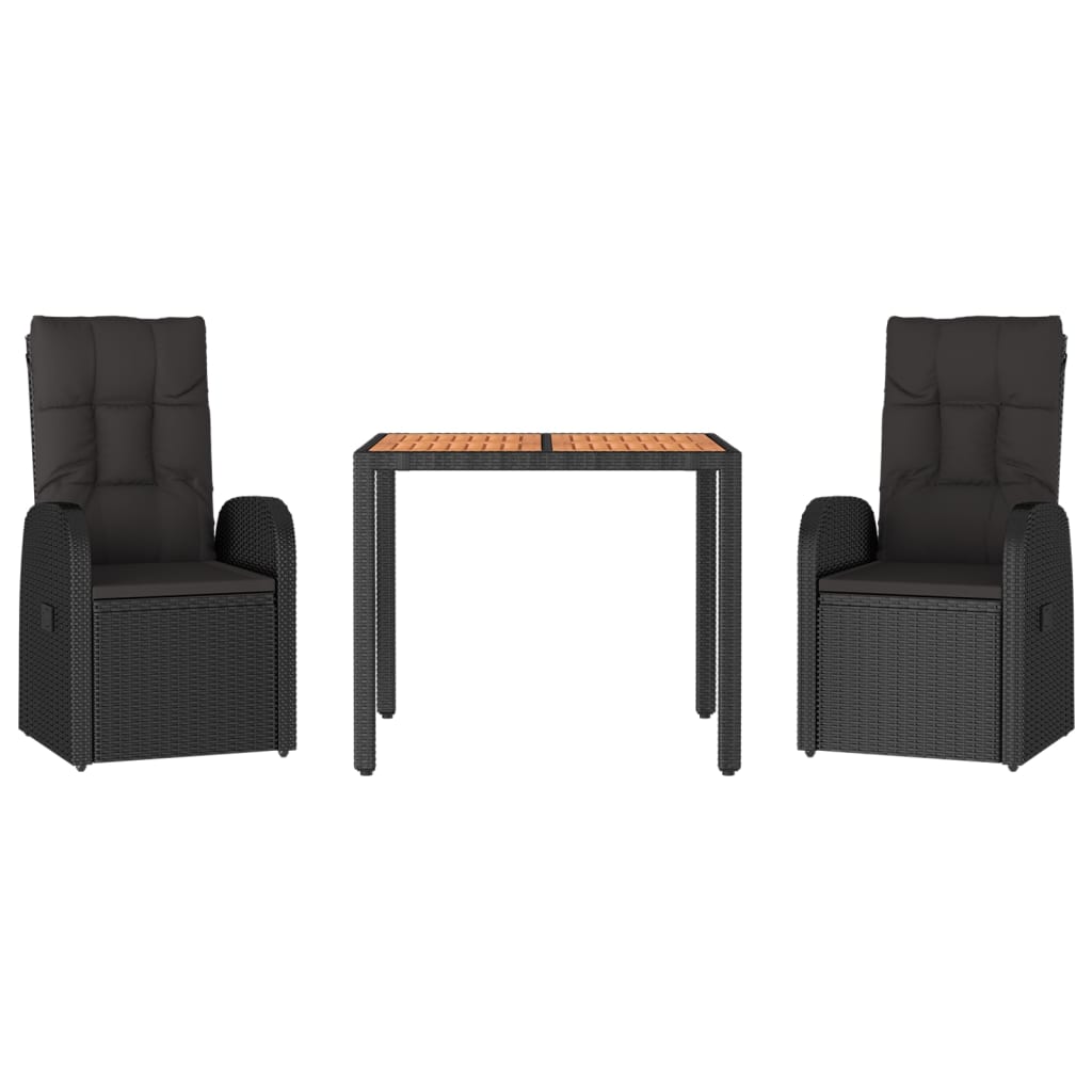 3 Piece Garden Dining Set Black Poly Rattan&Solid Wood Acacia