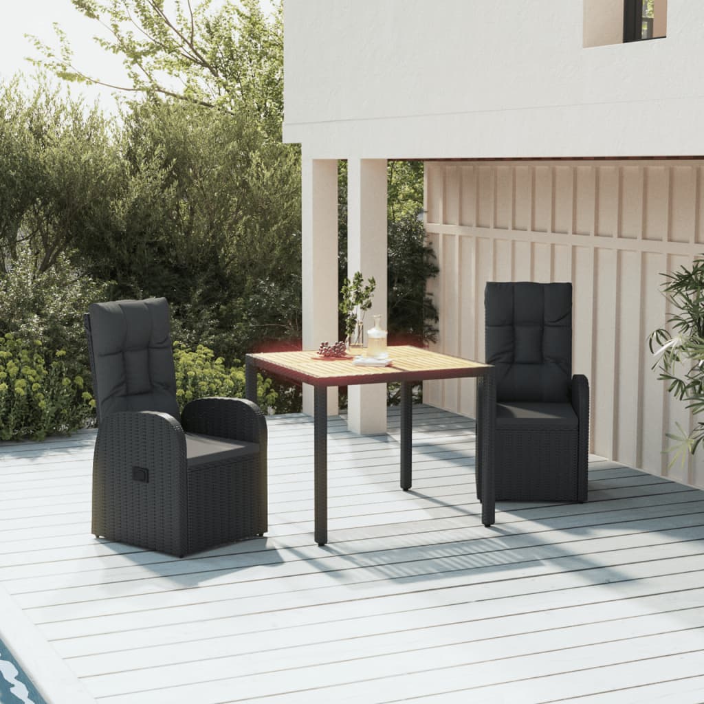 3 Piece Garden Dining Set Black Poly Rattan&Solid Wood Acacia
