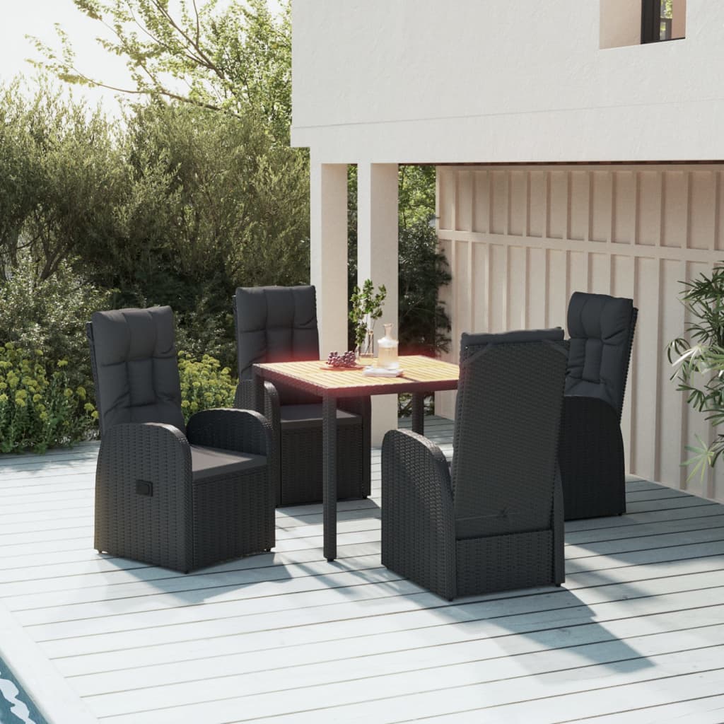 5 Piece Garden Dining Set Black Poly Rattan&Solid Wood Acacia