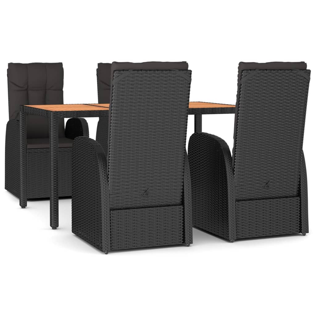 5 Piece Garden Dining Set Black Poly Rattan&Solid Wood Acacia
