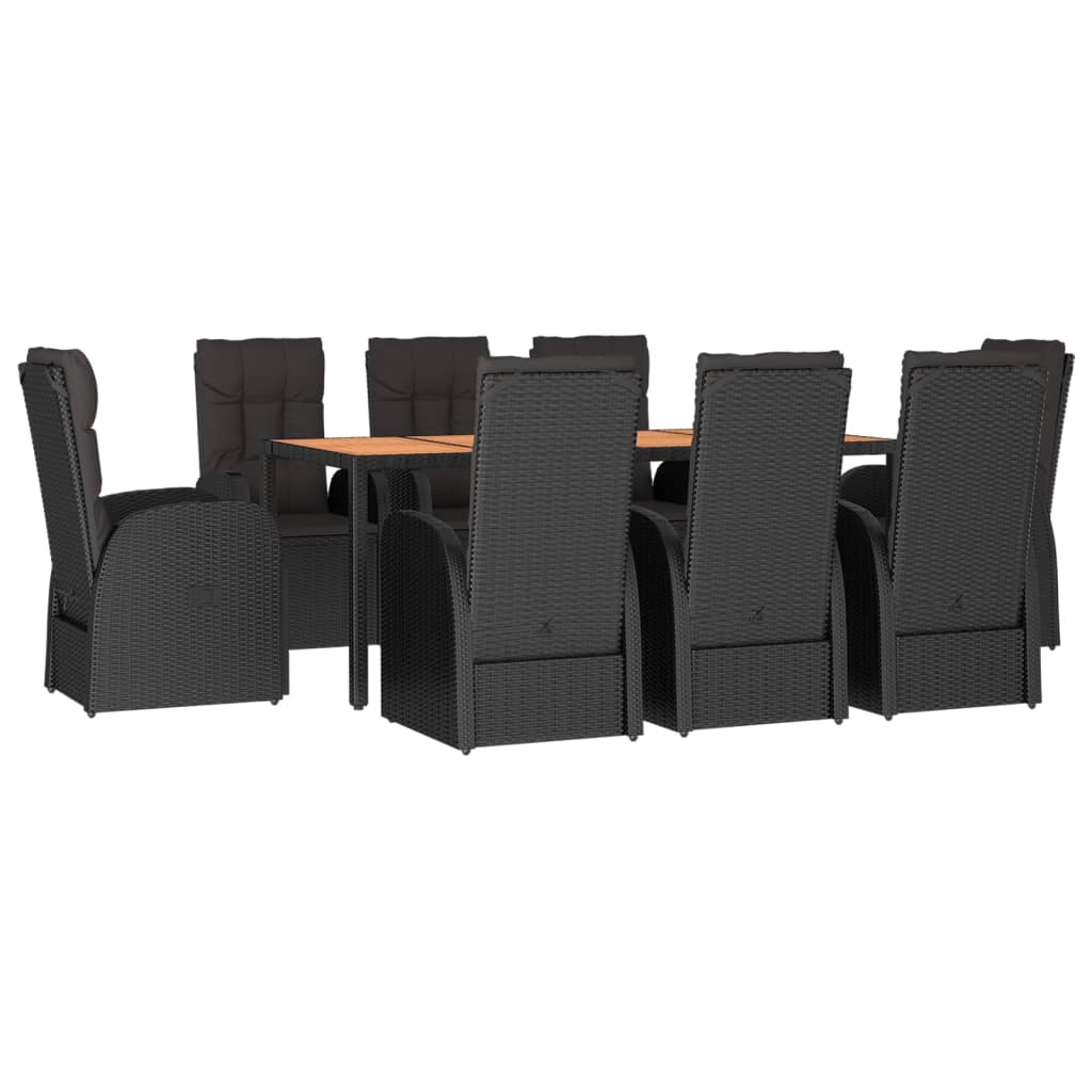 9 Piece Garden Dining Set Black Poly Rattan&Solid Wood Acacia