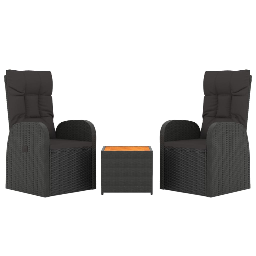 3 Piece Garden Lounge Set Black Poly Rattan&Solid Wood Acacia