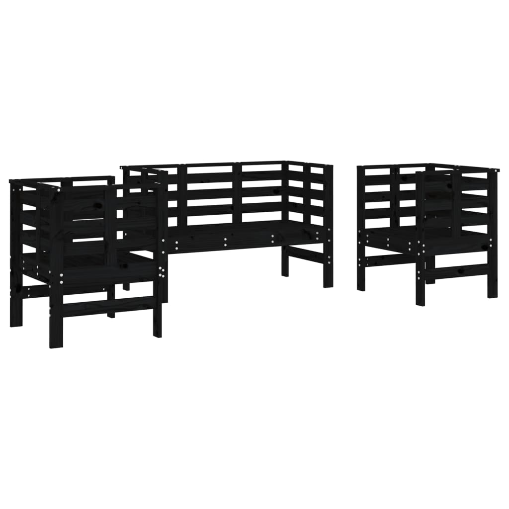 3 Piece Garden Lounge Set Black Solid Wood Pine