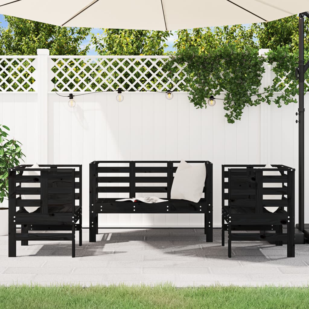 3 Piece Garden Lounge Set Black Solid Wood Pine