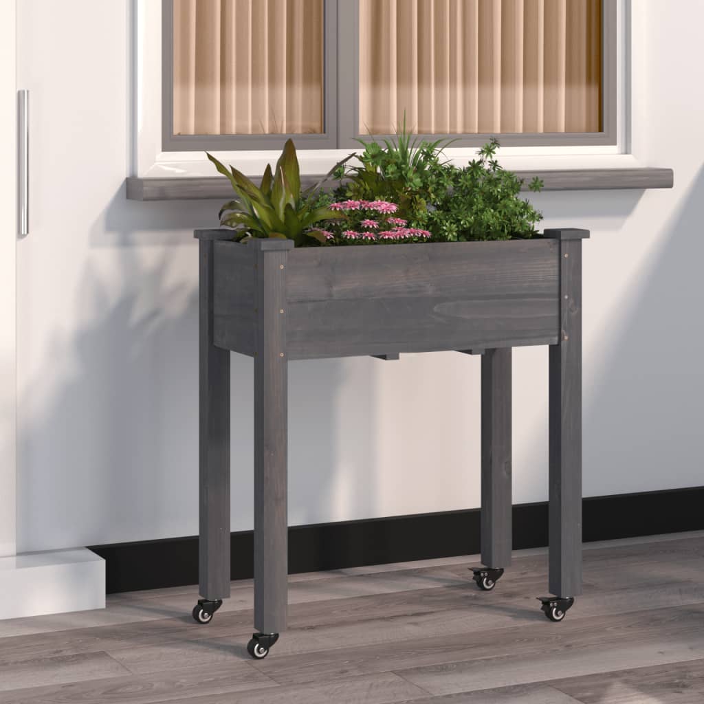 Wheeled Planter with Liner Grey 71x37x80 cm Solid Wood Fir