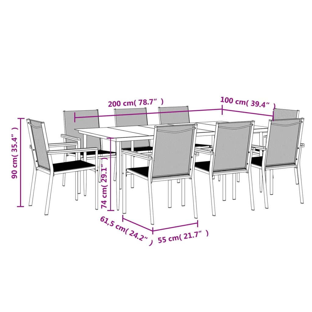 9 Piece Garden Dining Set Black Textilene and Steel