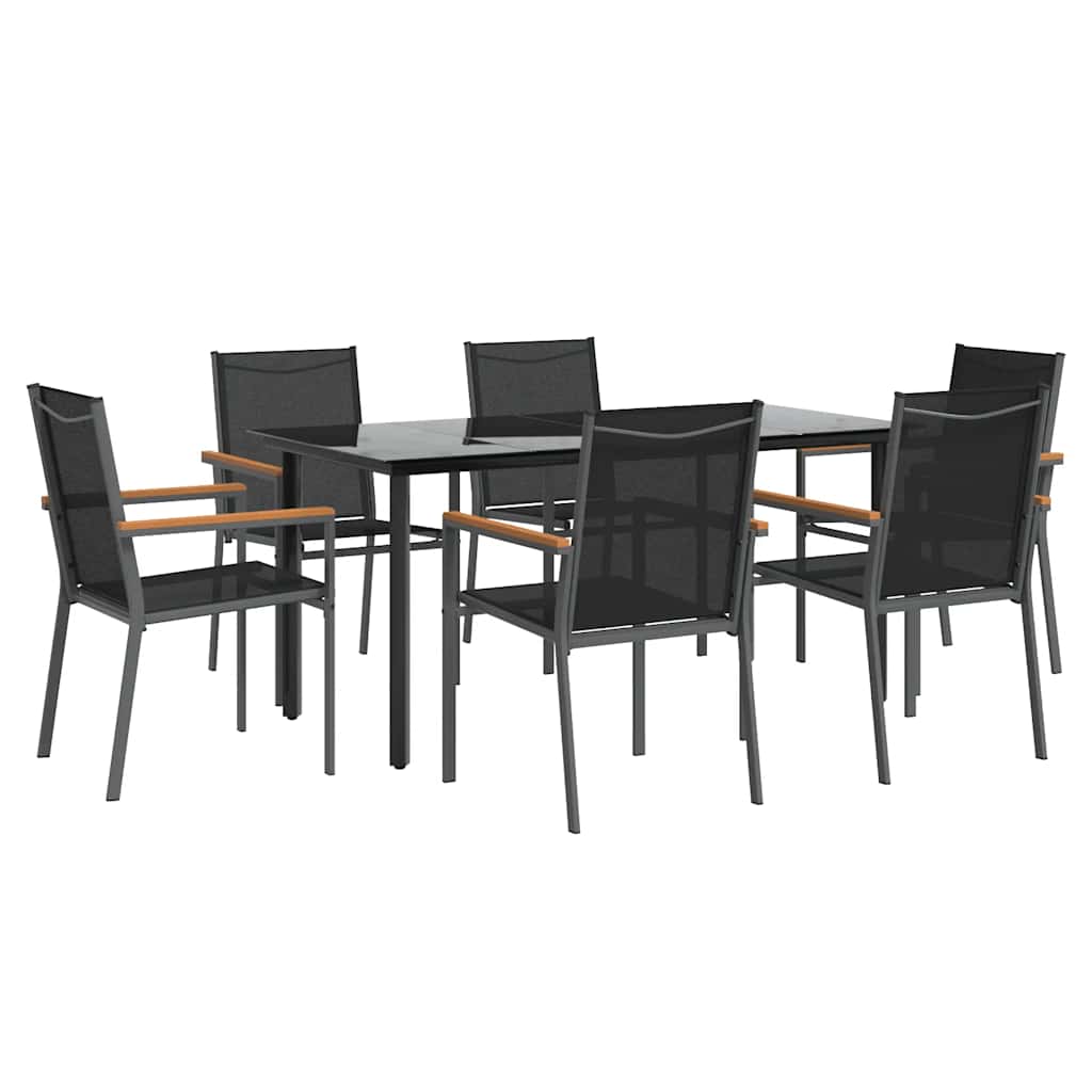 7 Piece Garden Dining Set Black Textilene and Steel
