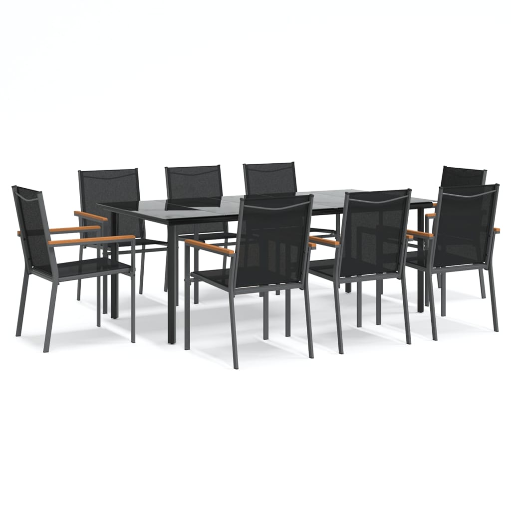 9 Piece Garden Dining Set Black Textilene and Steel