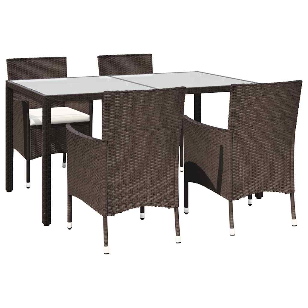 5 Piece Garden Dining Set with Cushions Brown Poly Rattan