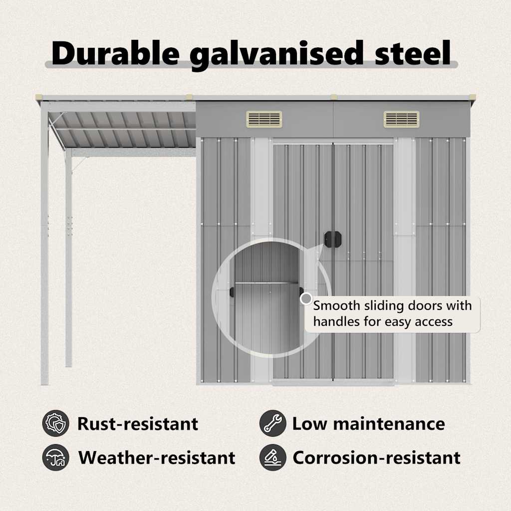 Garden Shed with Extended Roof Light Grey 277x107x181 cm Steel