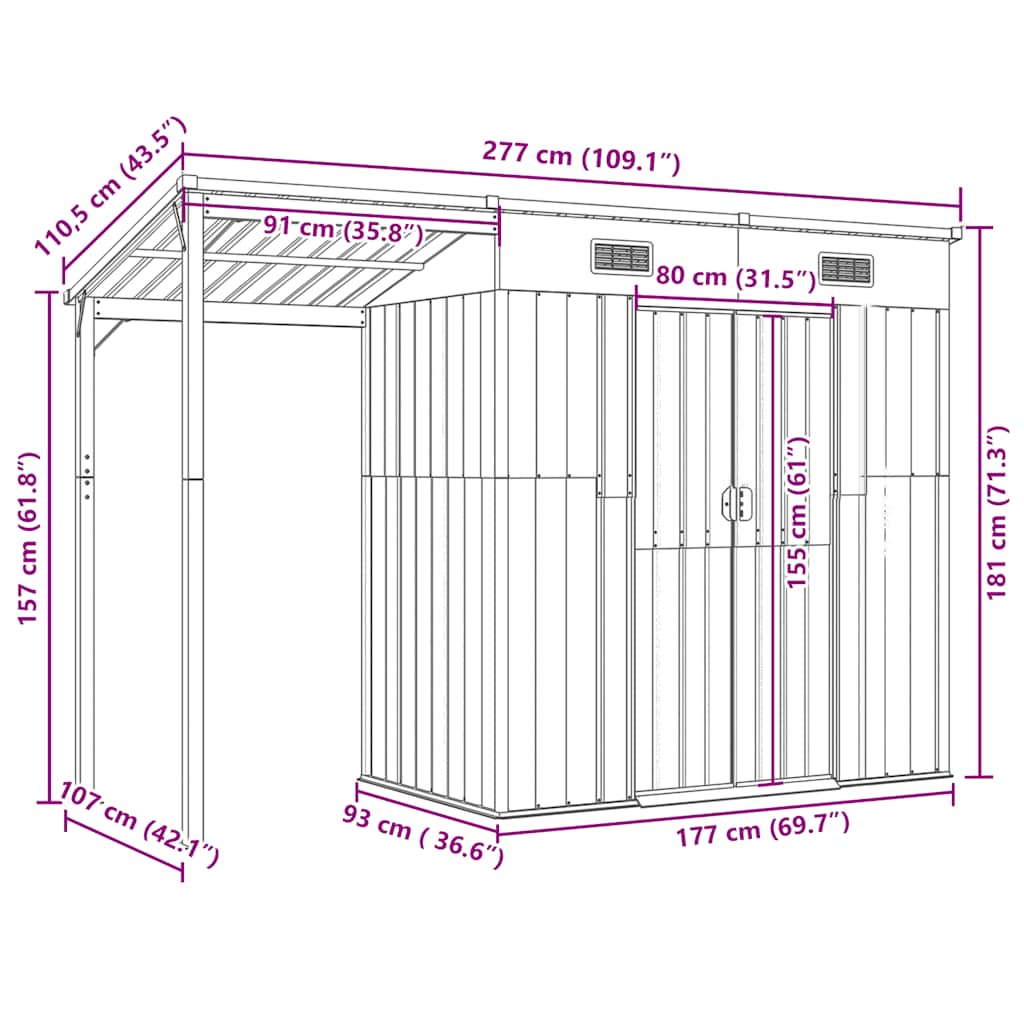 Garden Shed with Extended Roof Anthracite 277x107x181 cm Steel