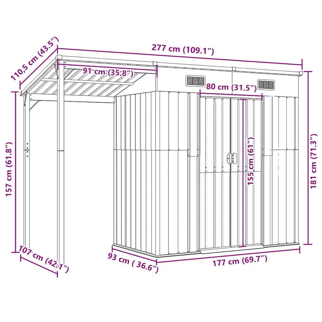 Garden Shed with Extended Roof Light Brown 277x107x181cm Steel
