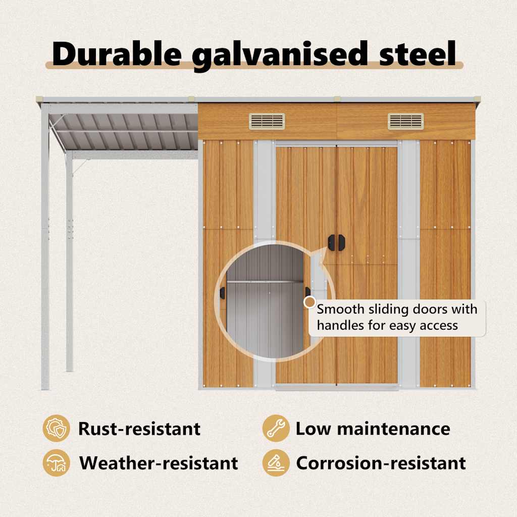 Garden Shed with Extended Roof Light Brown 277x107x181cm Steel