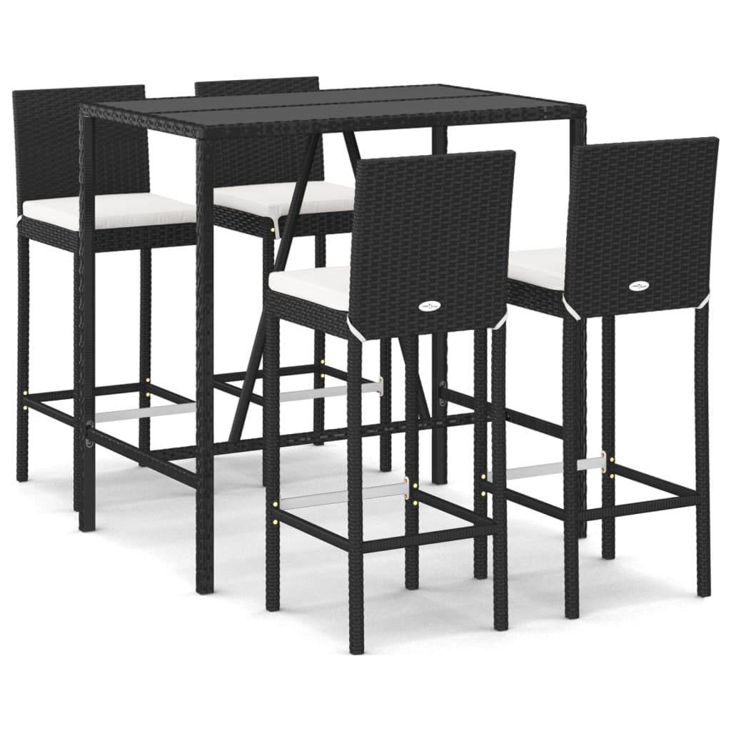 5 Piece Garden Bar Set with Cushions Black Poly Rattan