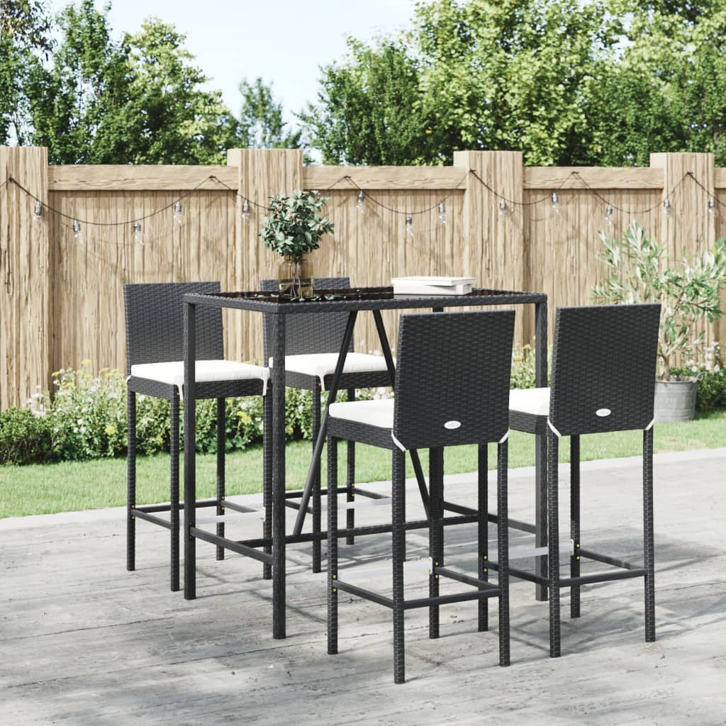 5 Piece Garden Bar Set with Cushions Black Poly Rattan