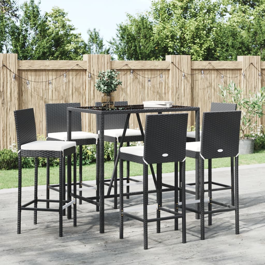7 Piece Garden Bar Set with Cushions Black Poly Rattan