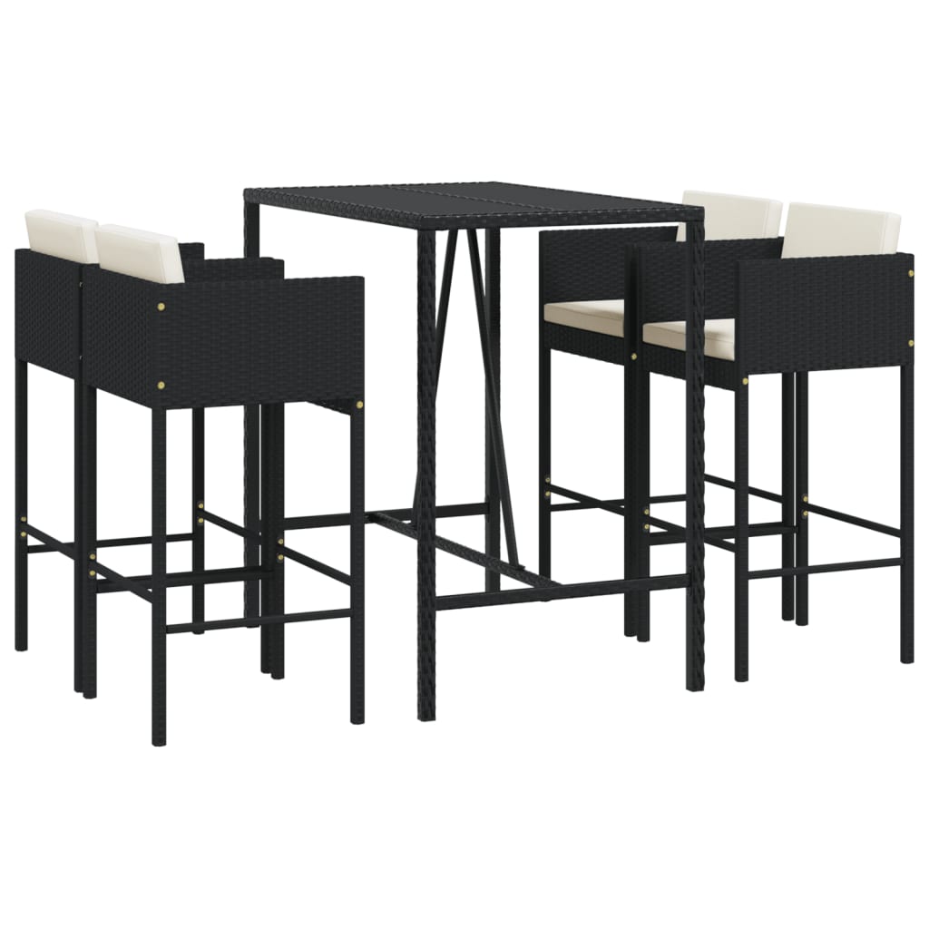 5 Piece Garden Bar Set with Cushions Black Poly Rattan