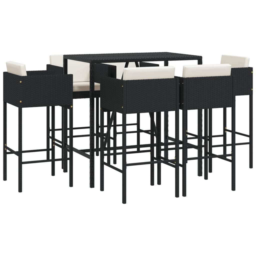 7 Piece Garden Bar Set with Cushions Black Poly Rattan