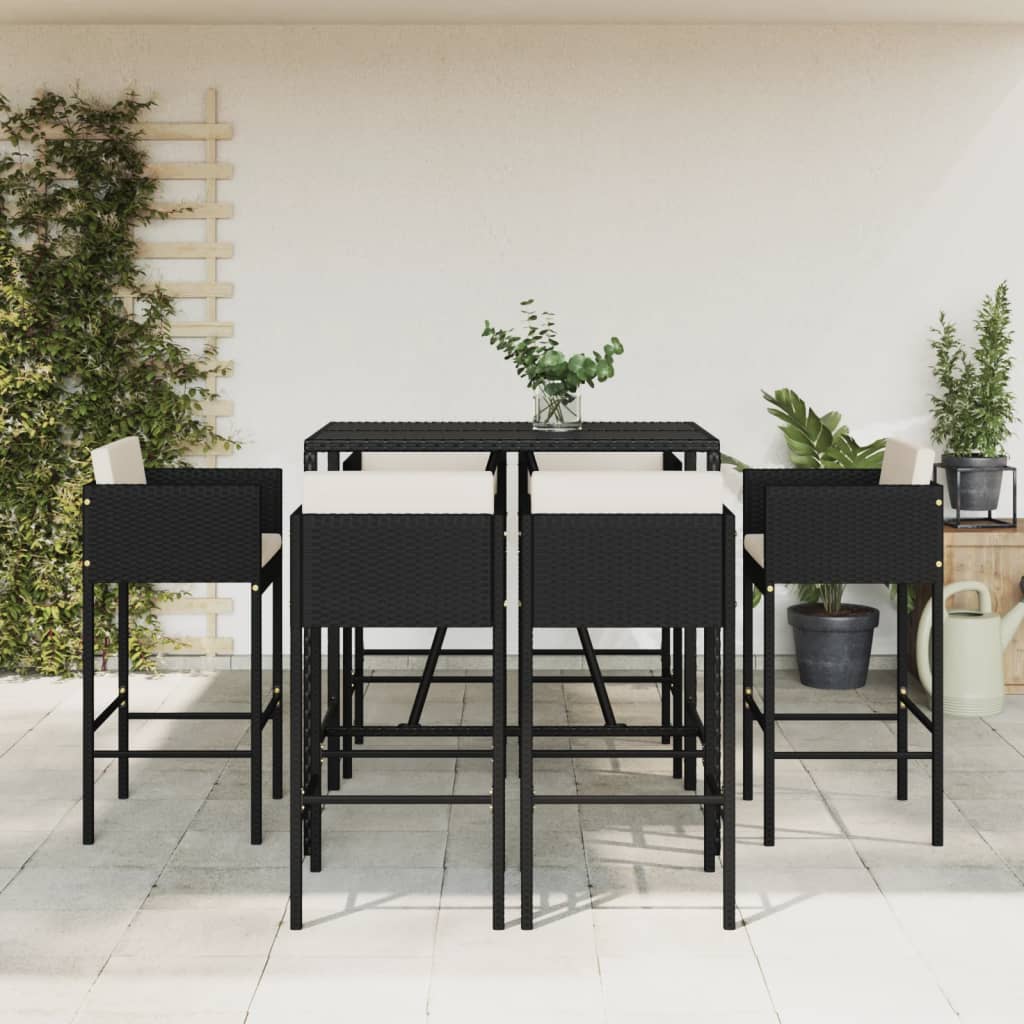 7 Piece Garden Bar Set with Cushions Black Poly Rattan