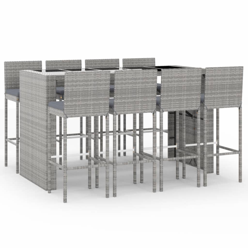9 Piece Garden Bar Set with Cushions Grey Poly Rattan
